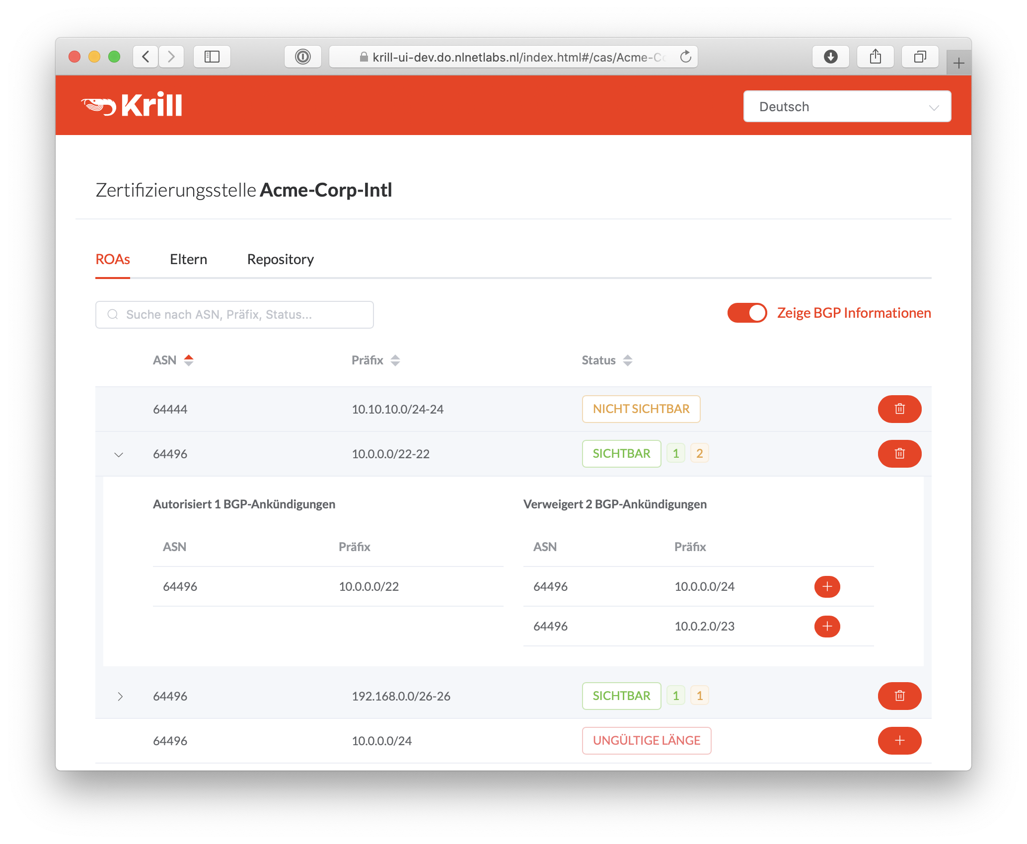 Krill user interface in German